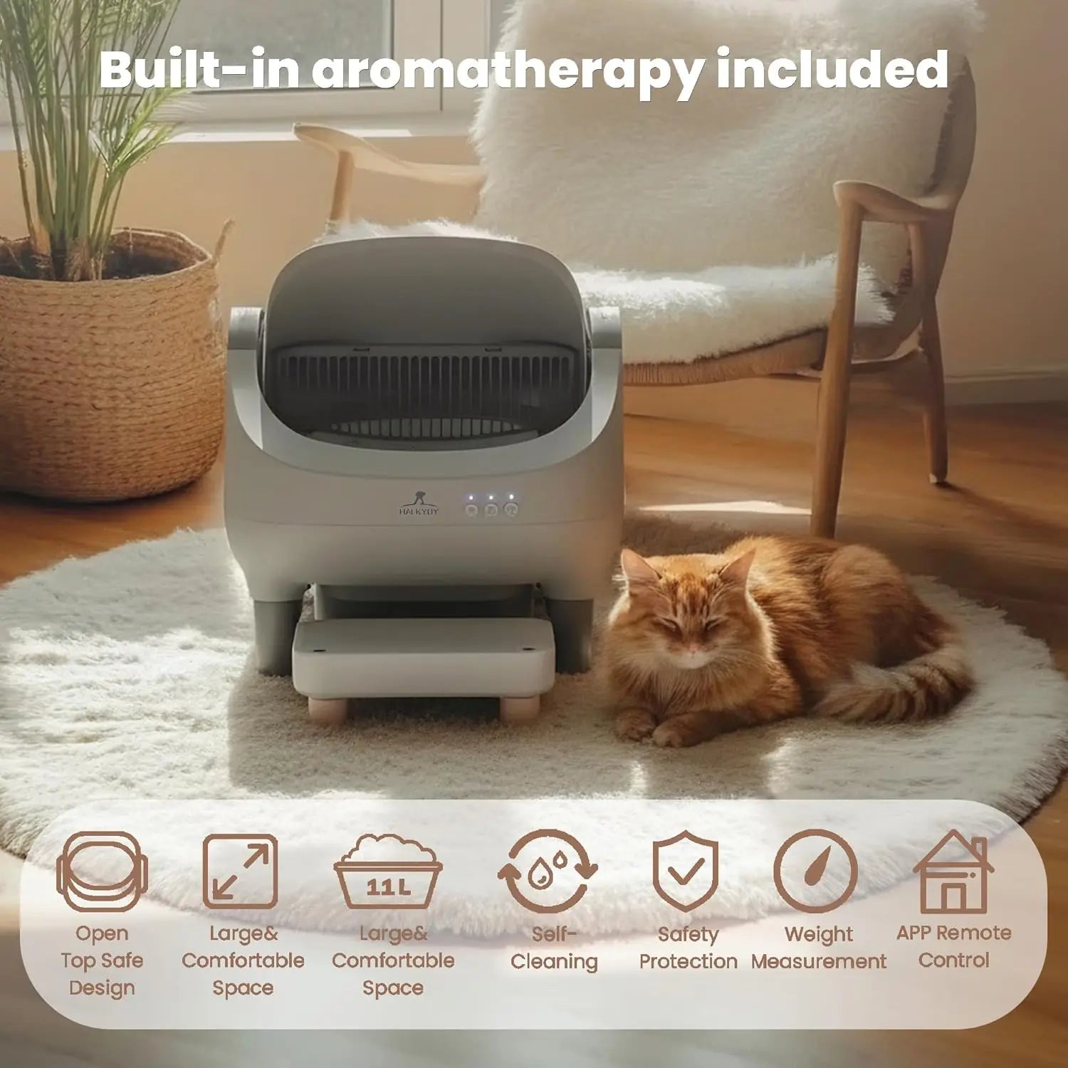 Automatic Litter Box with Raised Step, for Multiple Cats, Open Top Large Capacity Self Cleaning Litter Box, Safety, Customized