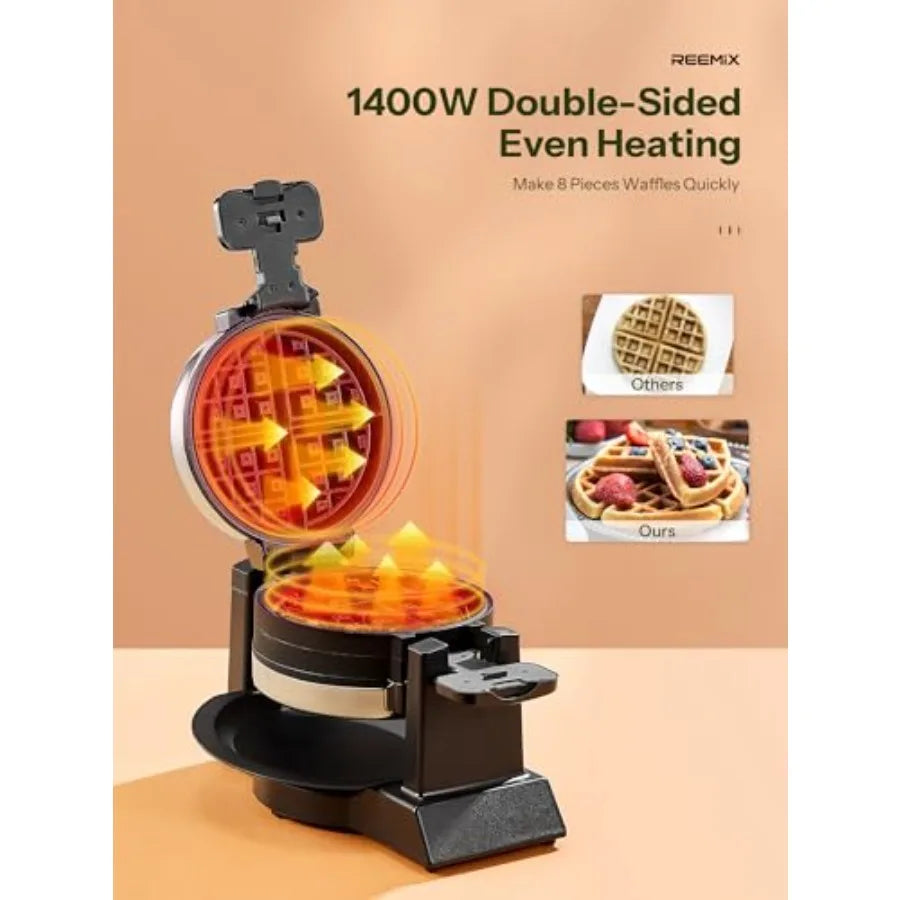 Classic Waffle Iron Double Belgian Waffle Maker 180°Flip 100W Waffle Iron Rotating and Nonstick Plates with Removable Drip Tray