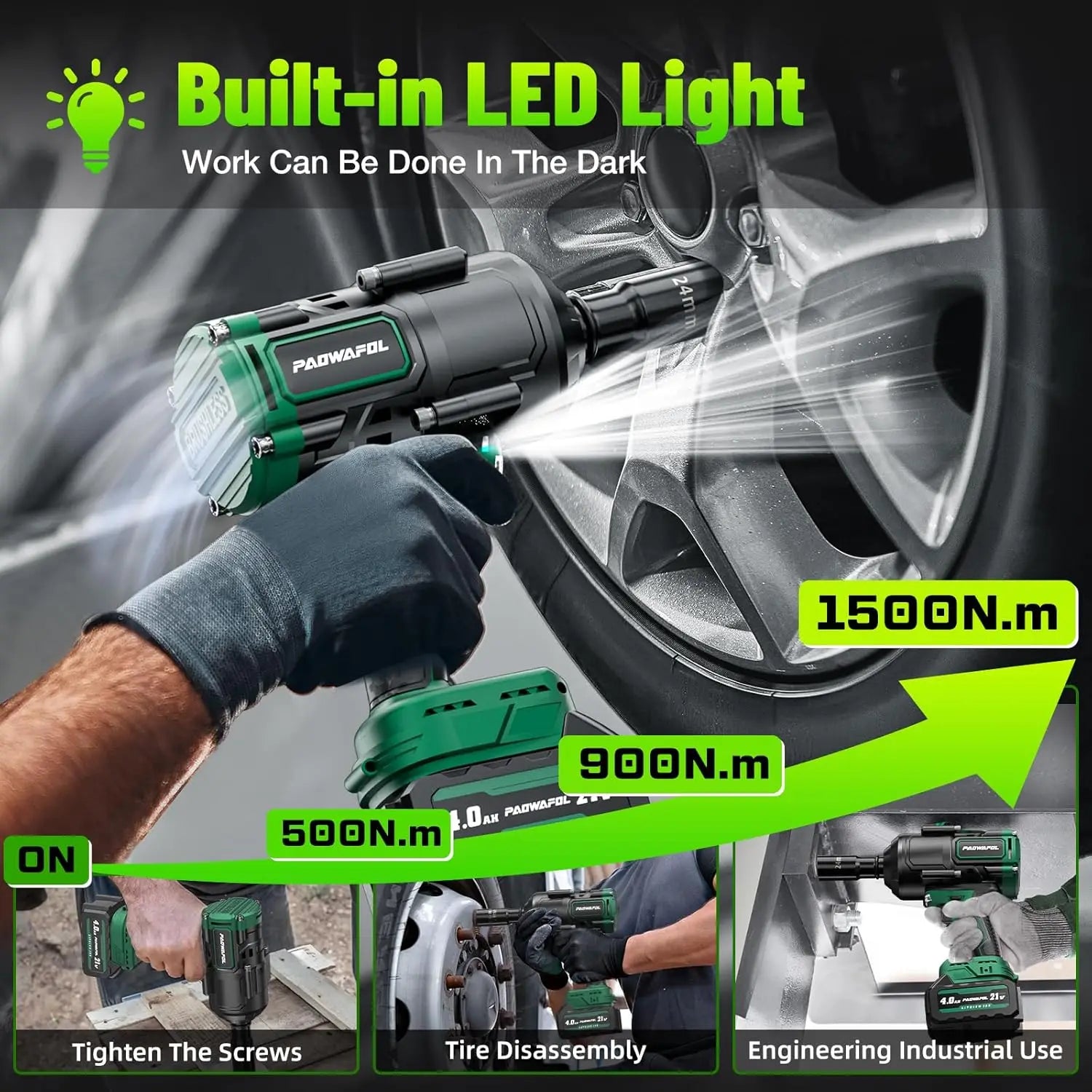 2026 Upgrade 1500N.m Impact Wrench, 21V Brushless with Battery, Charger & Sockets for Car Truck Tires