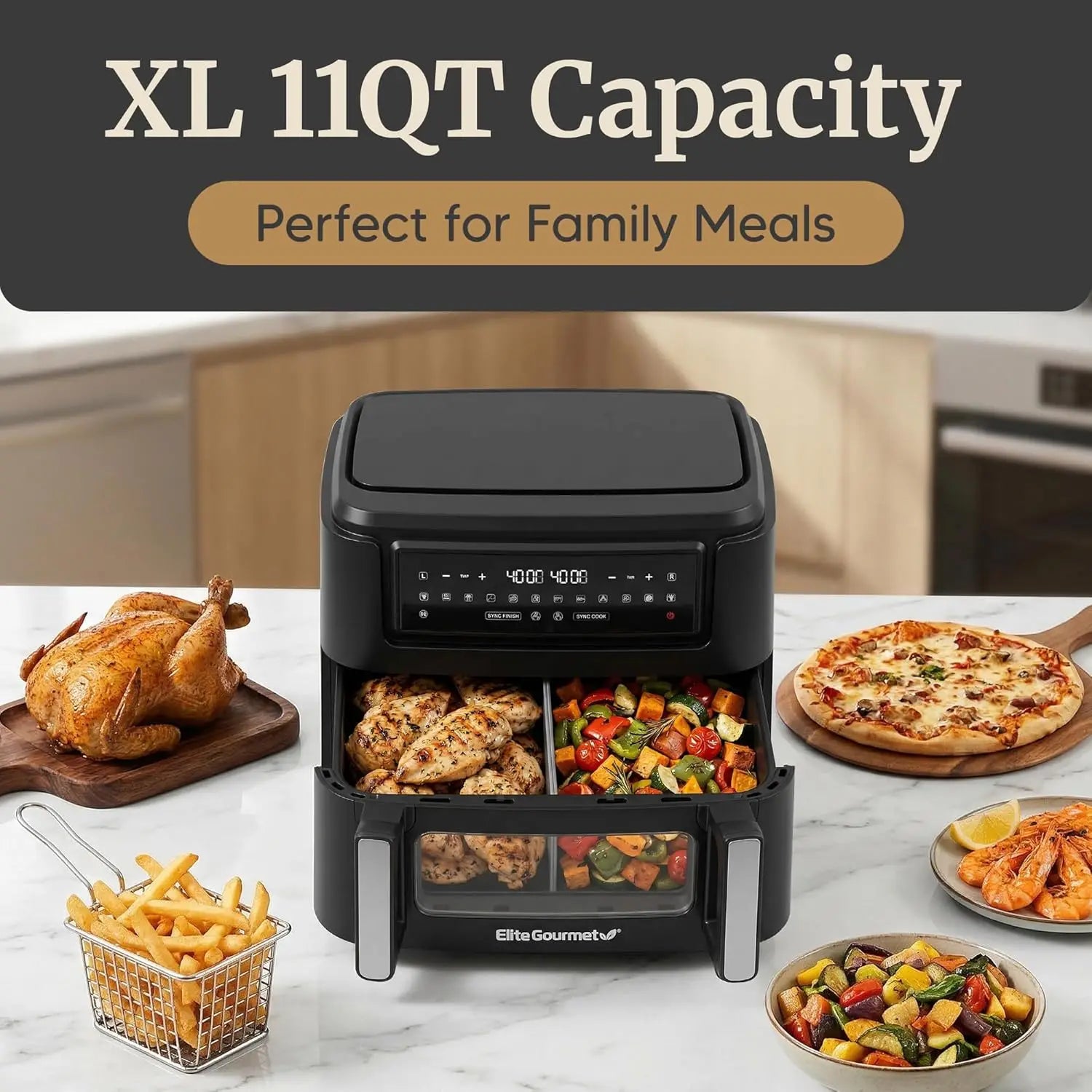 Dual Zone Air Fryer Oven 11QT with Sync Finish, PFAS Free Nonstick, 10 Presets for Air Fry Bake Roast