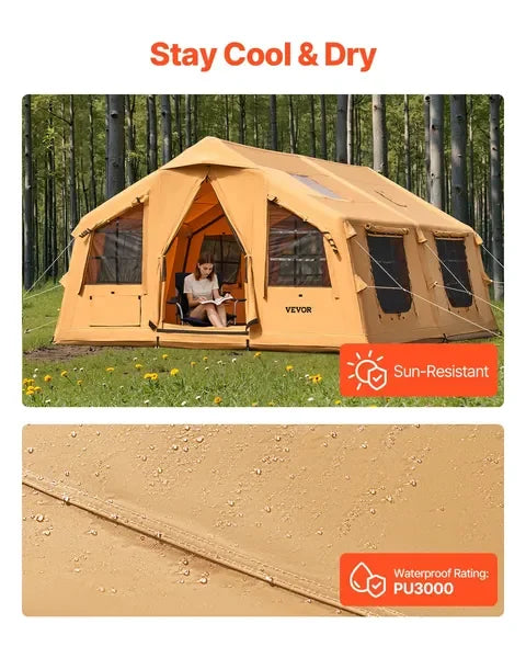Luxury 4 Season 8-12 Person Inflatable Tent, Easy Setup Blow Up Camping Tent with Hand Pump for Outdoor Travel