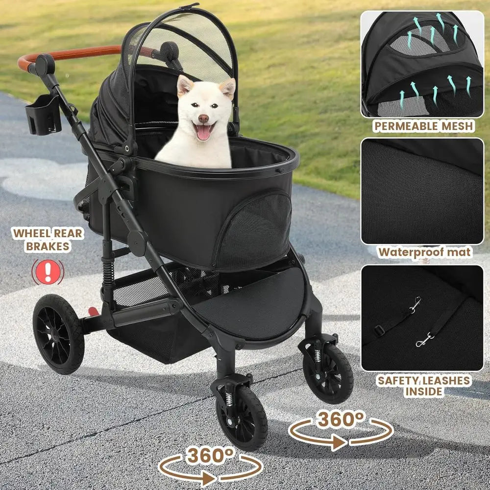 Pet Stroller or Medium Dogs, Smooth-Ride Dog Stroller with Detachable Carrier, Rubber Wheels, Car Seat Combo 3-in-1, Up to 50 lb