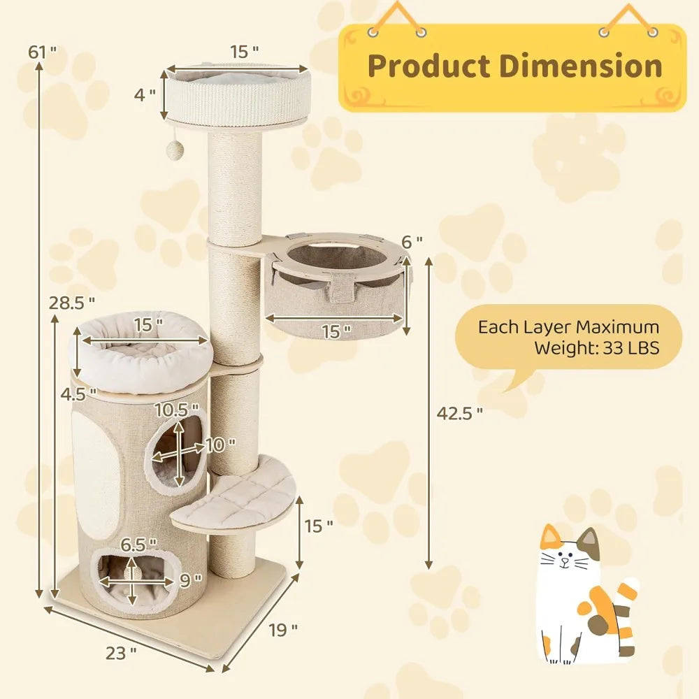 Cat Tree Tower, 61 Inch Multi-Level Tall with 2-Story Cat Condo, Top Perch, Sisal Scratching Posts & Carpet