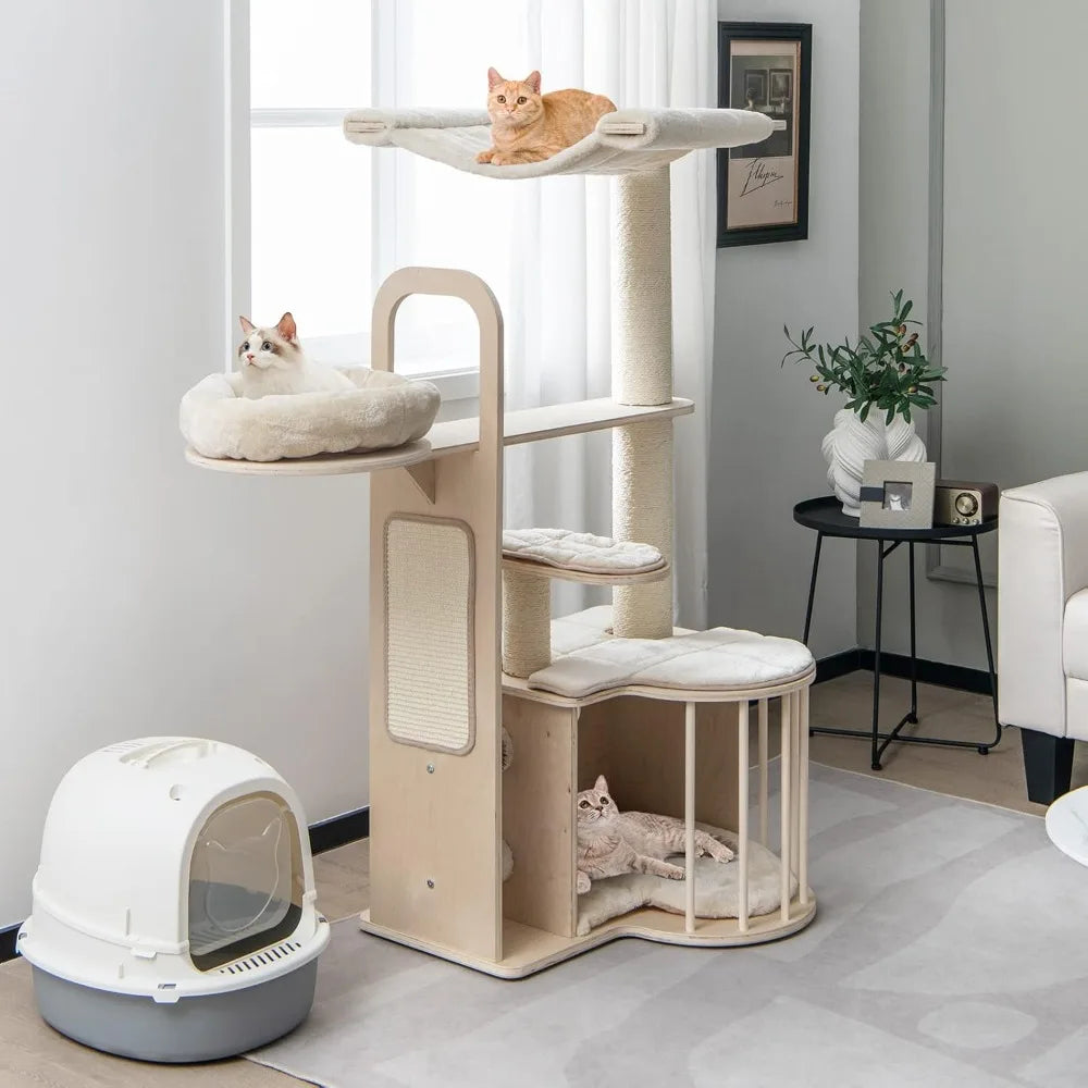 Wood Cat Tree for Indoor Cats, 55 Inch Multi-Level Cat Tower Activity Center with Hammock, Cat Condo, Sisal Scratching Posts