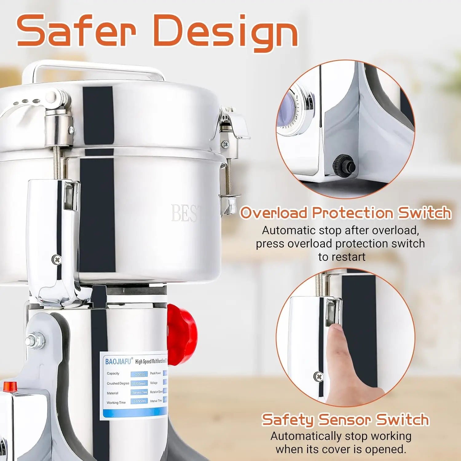 Electric Grain Mill Grinder 2000g High-speed 3500W Stainless Steel Superfine Powder for Kitchen Home Commercial
