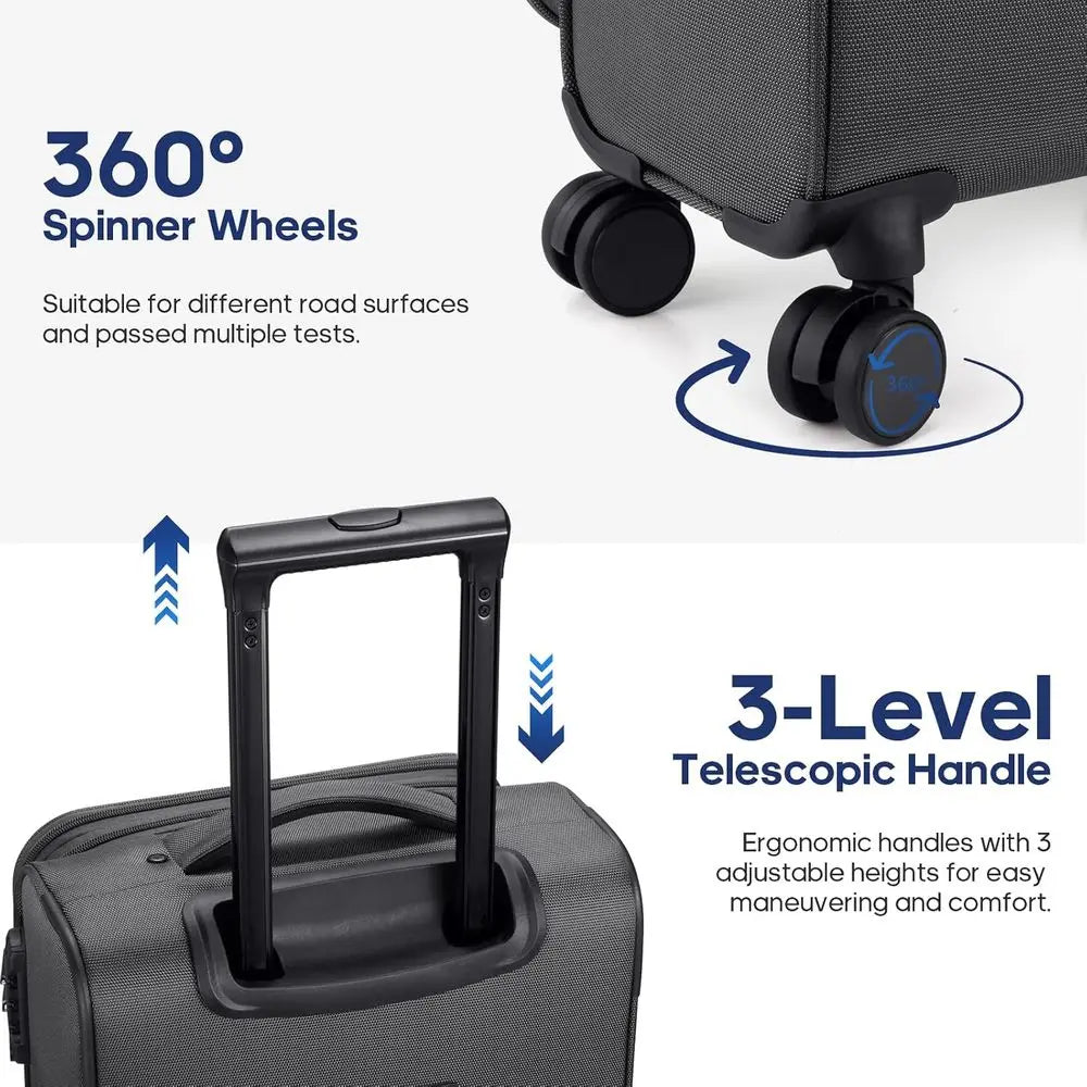 Expandable 20 Inch Airline Approved Carry-On Suitcase with Wheels, TSA Lock, and 4-Piece Packing Bags (Grey)
