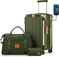 20in Expandable Carry-On Luggage with USB Port & Cup Holder, Anti-Slip Wheels, 3-Piece Set in Dark Green for Men and Women