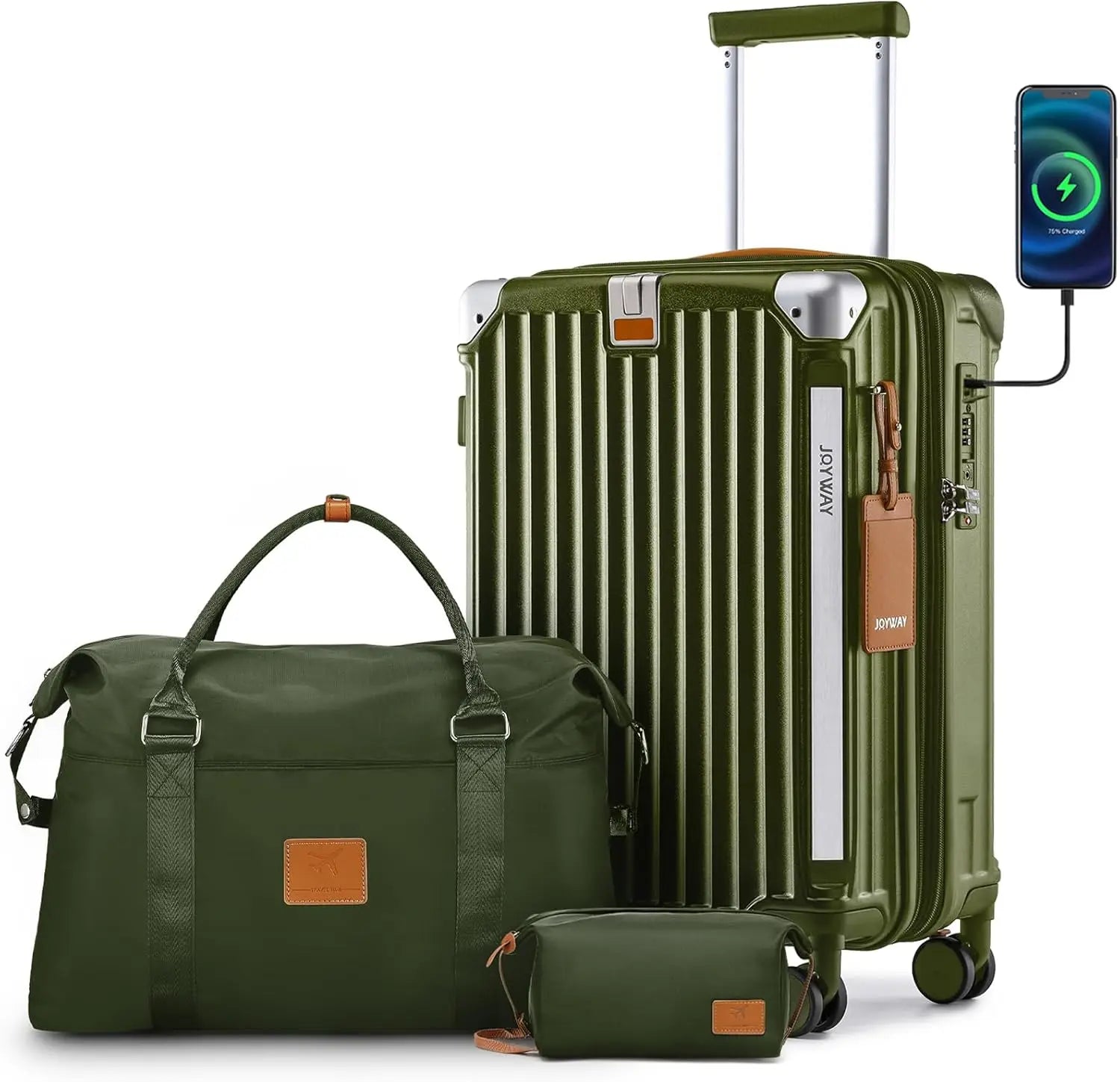 20in Expandable Carry-On Luggage with USB Port & Cup Holder, Anti-Slip Wheels, 3-Piece Set in Dark Green for Men and Women