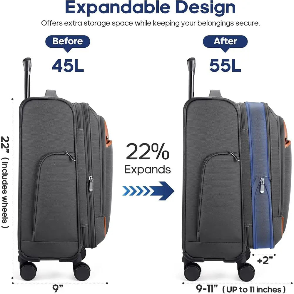 Expandable 20 Inch Airline Approved Carry-On Suitcase with Wheels, TSA Lock, and 4-Piece Packing Bags (Grey)