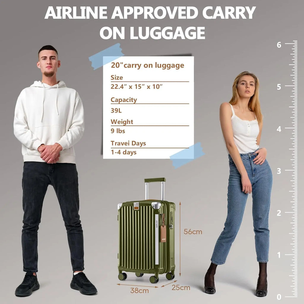 20in Expandable Carry-On Luggage with USB Port & Cup Holder, Anti-Slip Wheels, 3-Piece Set in Dark Green for Men and Women