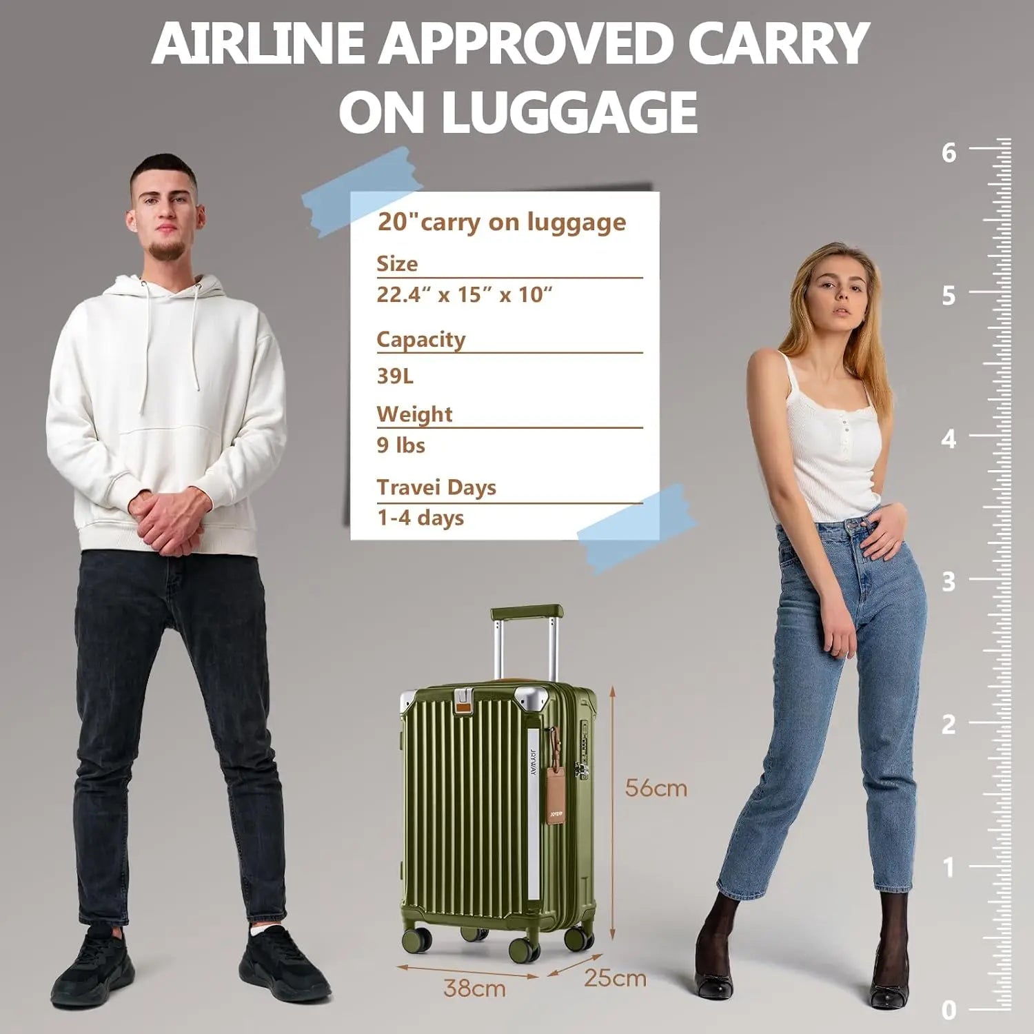 20in Expandable Carry-On Luggage with USB Port & Cup Holder, Anti-Slip Wheels, 3-Piece Set in Dark Green for Men and Women