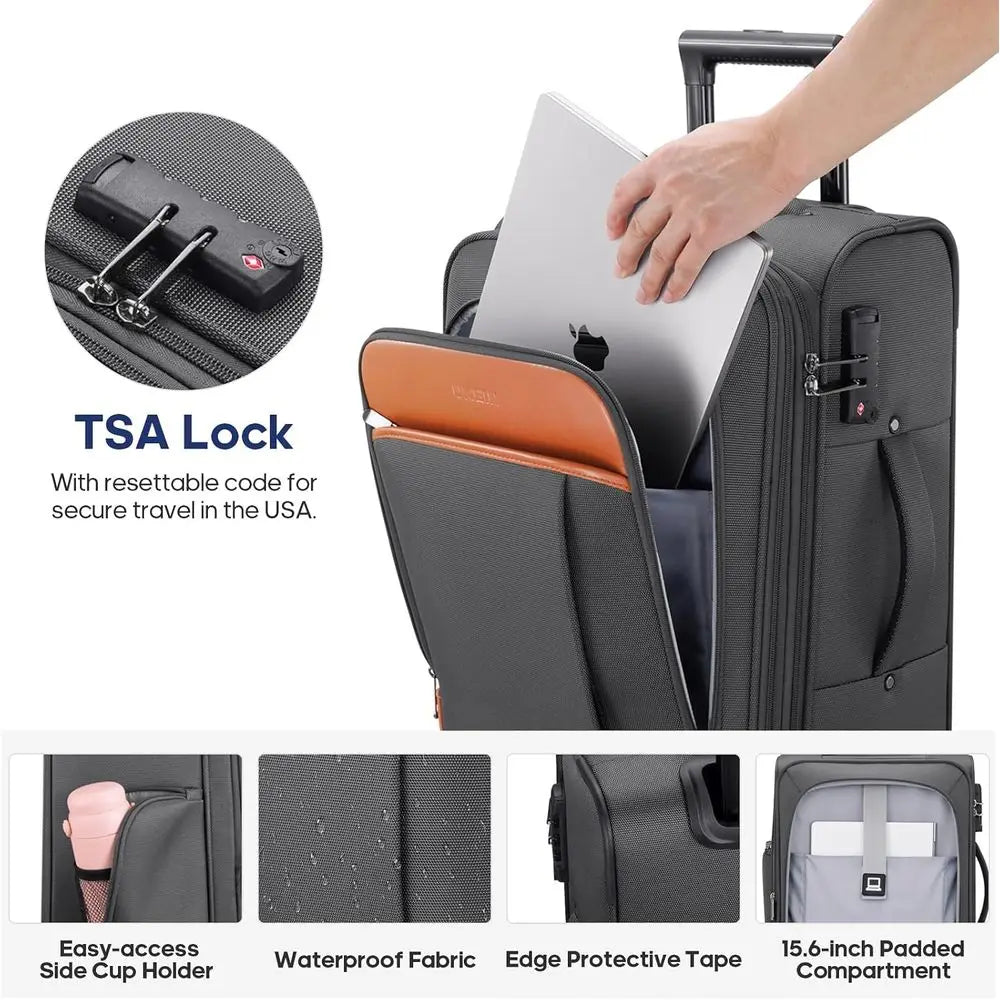 Expandable 20 Inch Airline Approved Carry-On Suitcase with Wheels, TSA Lock, and 4-Piece Packing Bags (Grey)