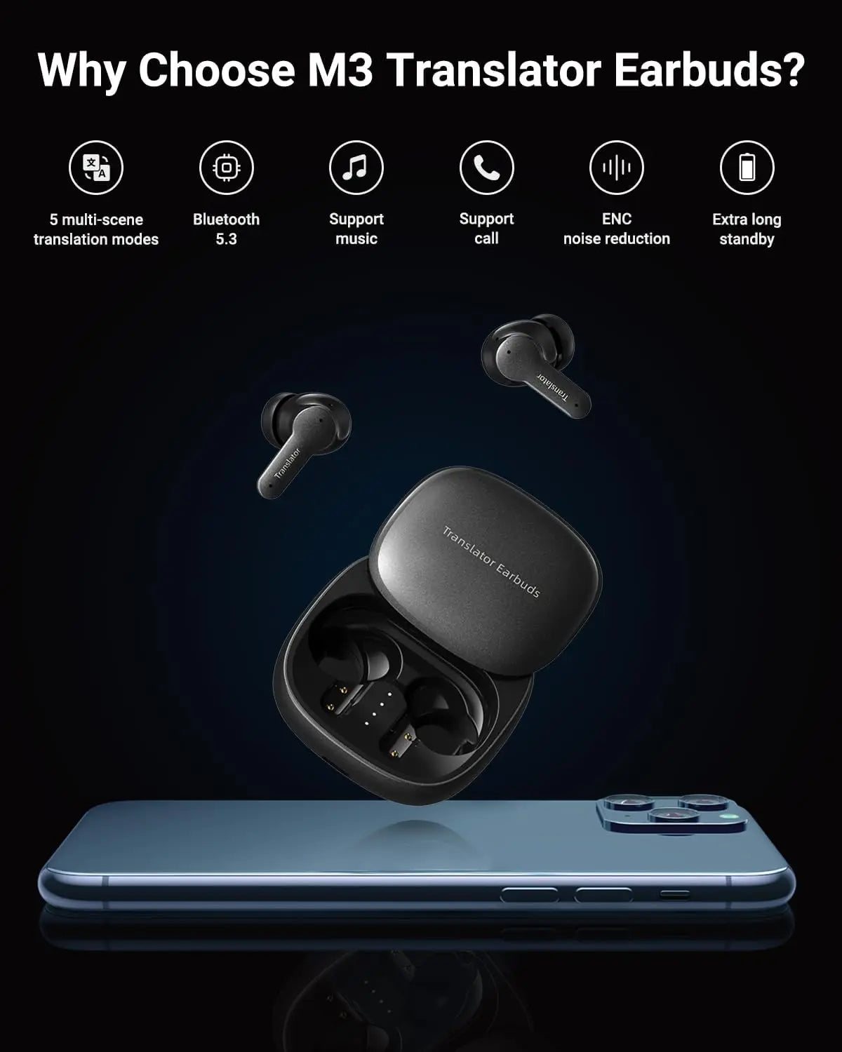 Real-Time AI Translator Earbuds - 144 Languages, 5 Modes for Travel Business Learning, Black