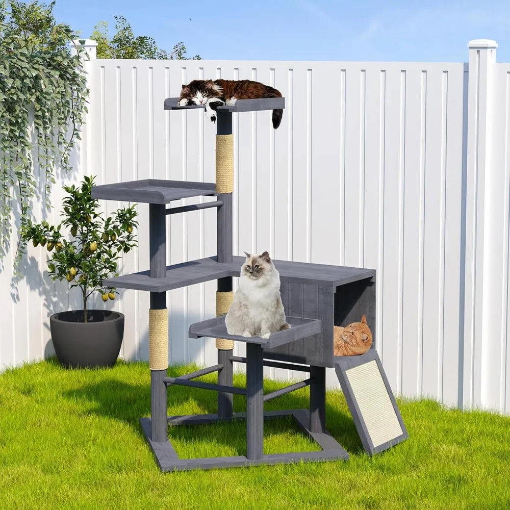 Durable Outdoor Cat Tree for Large Cats with Weather-Resistant Wood, Condo, and Scratching Posts