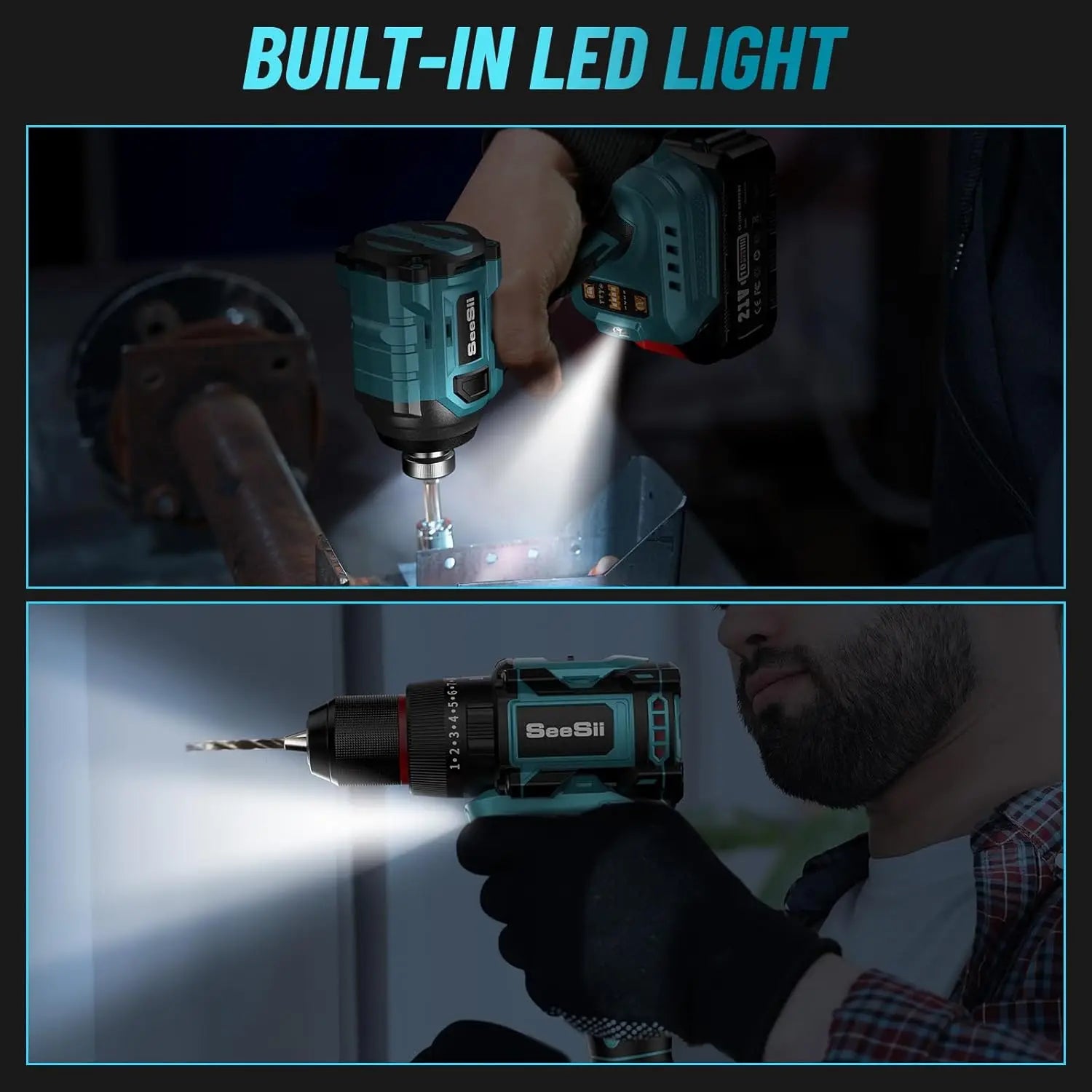 SEESII 21V Max Cordless Electric Drill and Impact Driver Screwdriver Tool 3/8'' Drill & 1/4'' Impact Driver 2x 4.0Ah Battery