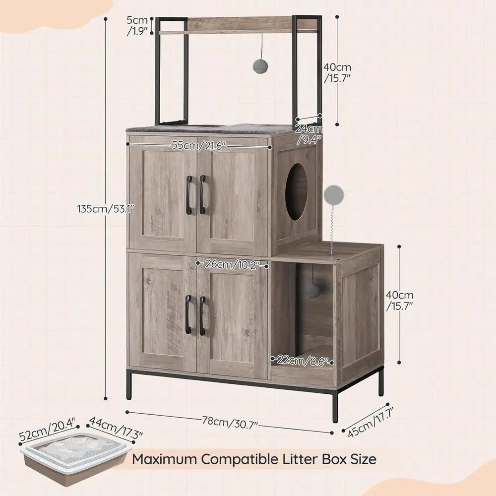 Cat Litter Box Enclosure urniture, 2 in 1 Hidden Litter Box urniture with Shel, Double Litter Box Cabinet with 2 Dangling Plush