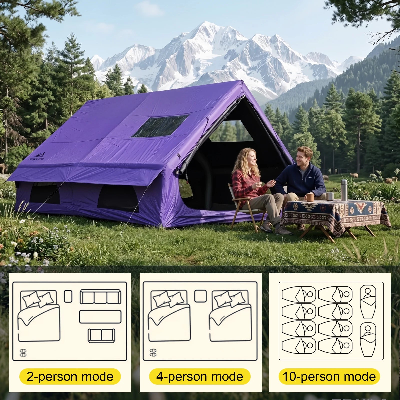 129 Square Feet Purple Inflatable Tent 6-8 Person for Camping,4 Season Easy Setup Waterproof Oxford Air Tent House with Tarp