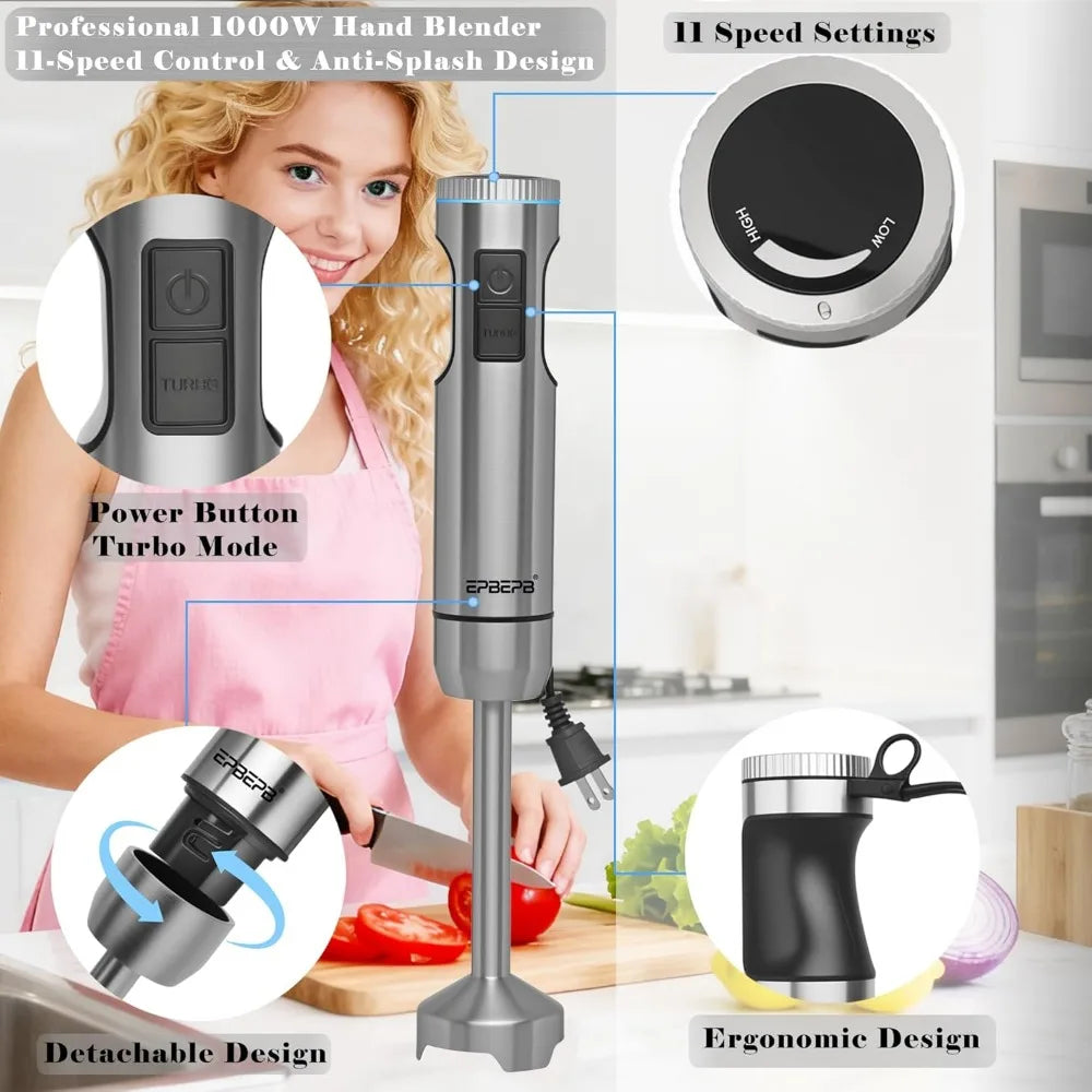 1000W 11 in 1 Handheld Immersion Blender Kit for Smoothie Juice Meat Milk Egg Dough Veg Potato