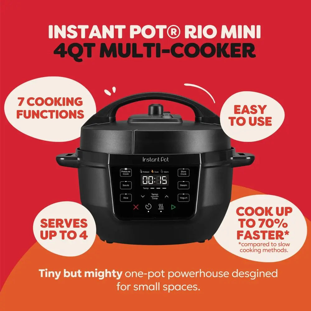 4QT RIO Mini 7in1 MultiCooker, Pressure Cooker, Slow cook, Saute, Steam, Rice Maker, Yogurt, amp Warmer, Black, 4 Quarts