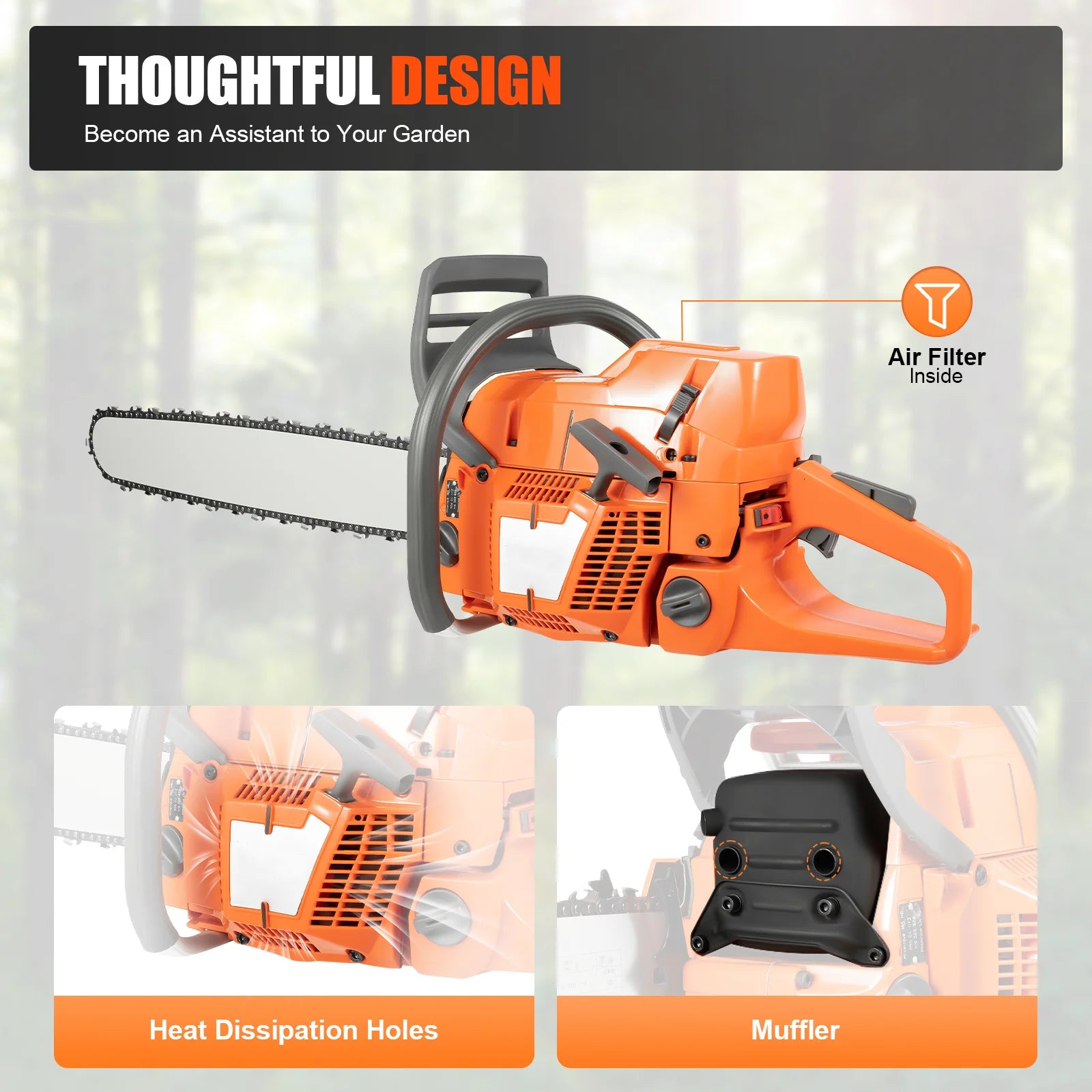 24 Inch Gas Chainsaw, 72CC 3900W 2-Stroke Handheld Cordless, Orange Chainsaw for Wood Cutting