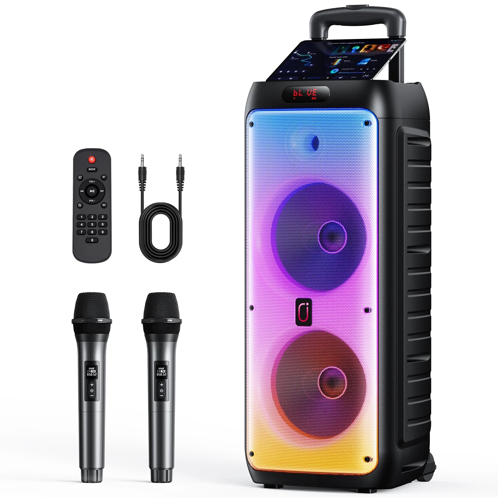 T38 Large Bluetooth Speaker, Wireless Speaker with Wheels and Push Rod, Karaoke Machine with Two Microphones With Tws