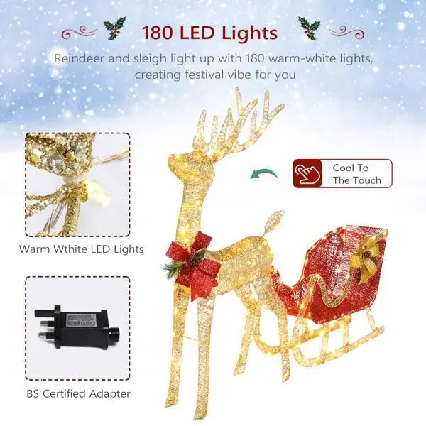 Golden Elk Deer Sled Christmas Decoration - Iron Frame Cotton Thread Yard Ornament with Green Onion Powder Accents (74x20x120cm,