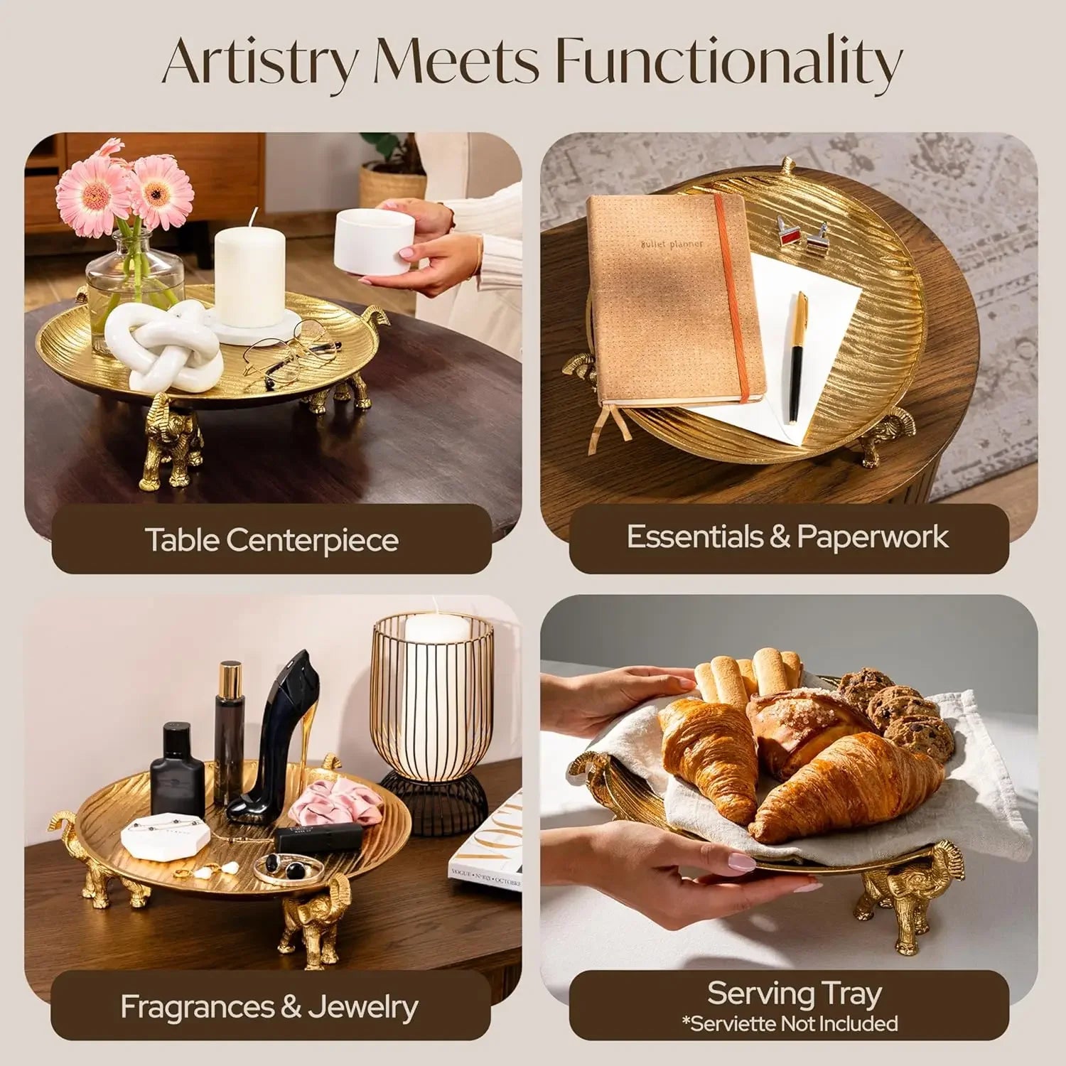 Round Decorative Tray with Elephant Stands, Golden – Tray for Coffee Table, Home Decor, Centerpiece, Serving Platter & More – Ci