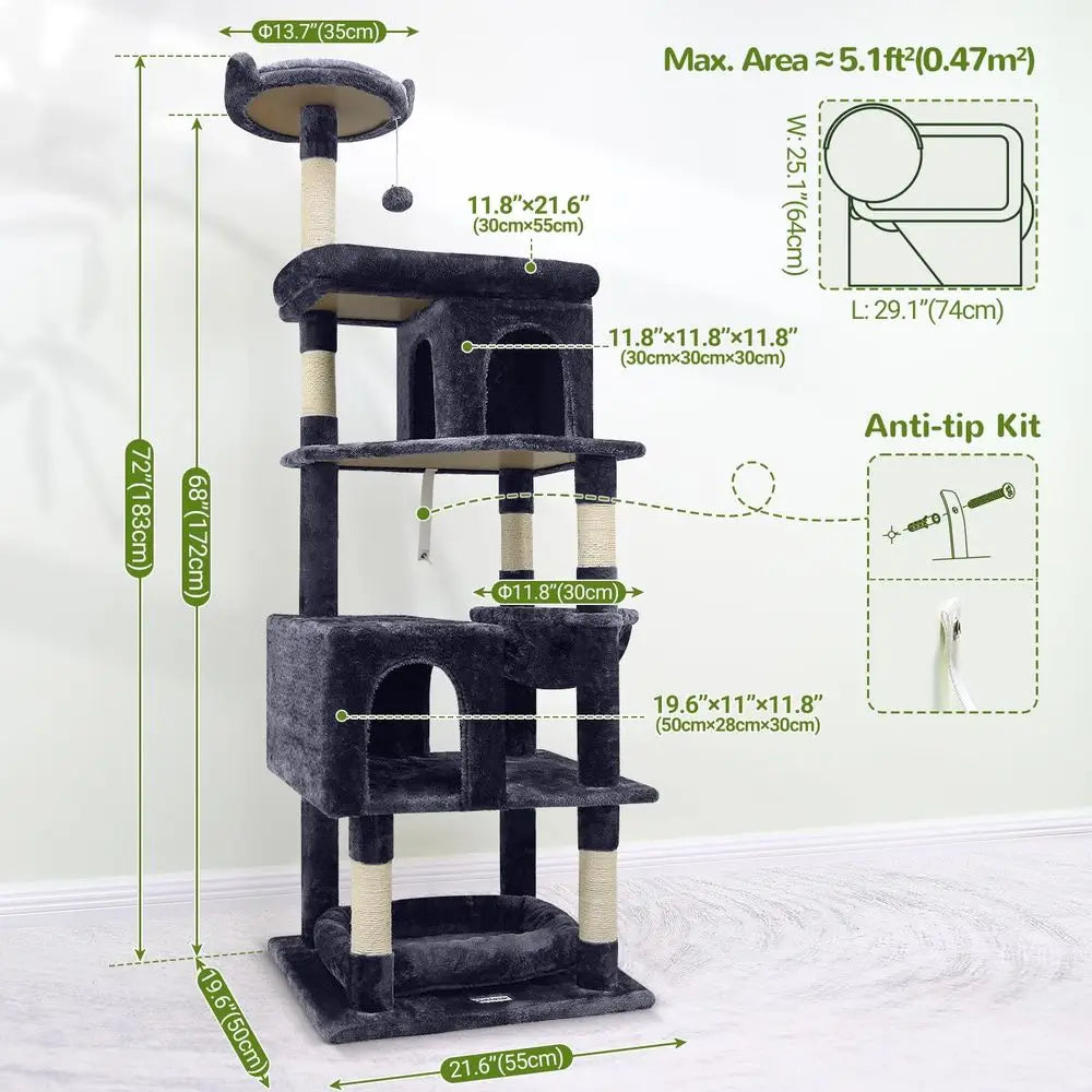GloHeavy Duty Cat Trees or Large Cats, Sturdy 72in Maine Coon Cat Tree or Large Cats 20 lbs+ Heavy Duty Cat Tower or Adult Bigge
