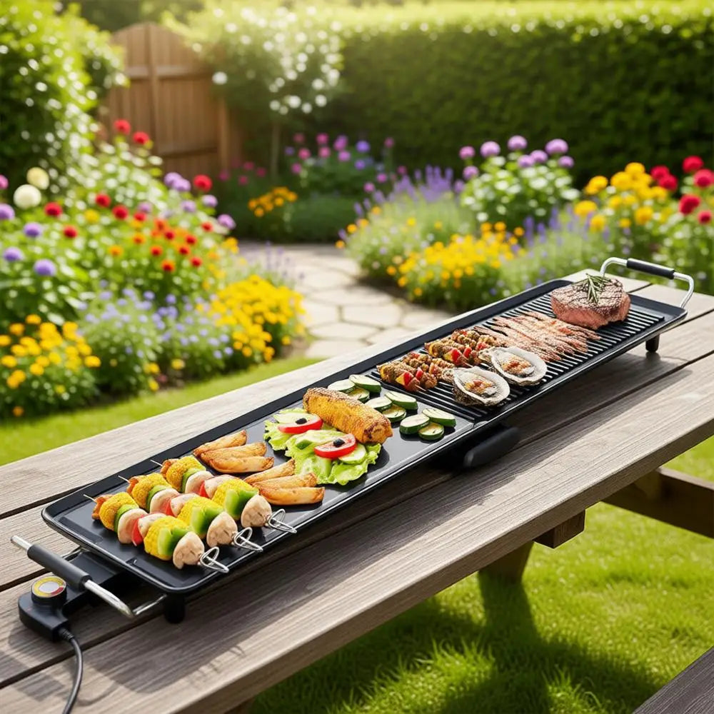 Extra Large Nonstick Electric Griddle, Teppanyaki Grill BBQ with 4 Adjustable Temperature, Even Heating & Handles, Long Table To