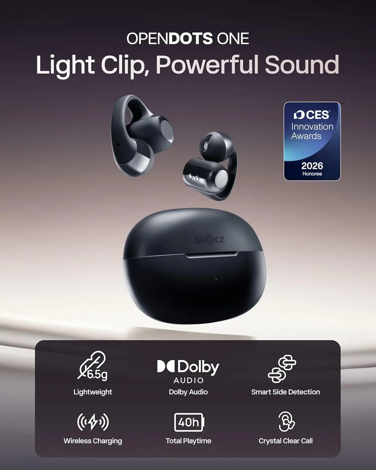 Open-Ear Clip-On Wireless Earbuds with Dolby Audio, 40H Playtime, Water Resistant, Fast Charging for Comfort and All-Day Wear