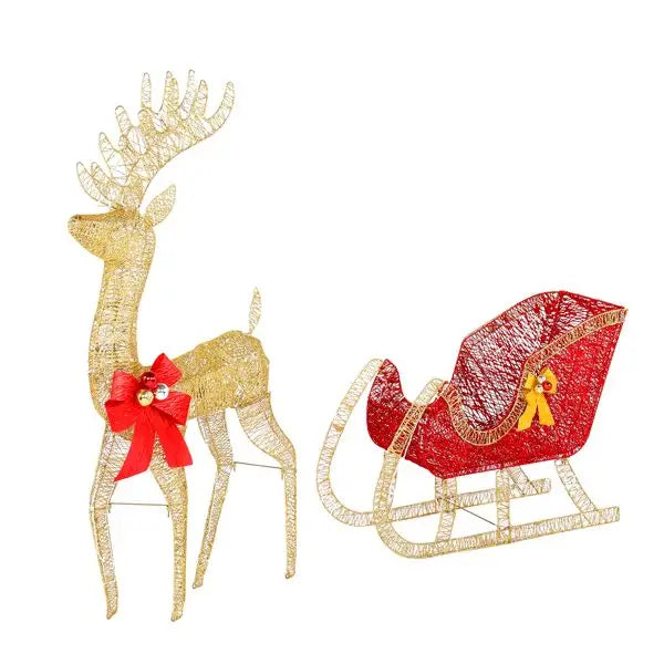 Golden Elk Deer Sled Christmas Decoration - Iron Frame Cotton Thread Yard Ornament with Green Onion Powder Accents (74x20x120cm,