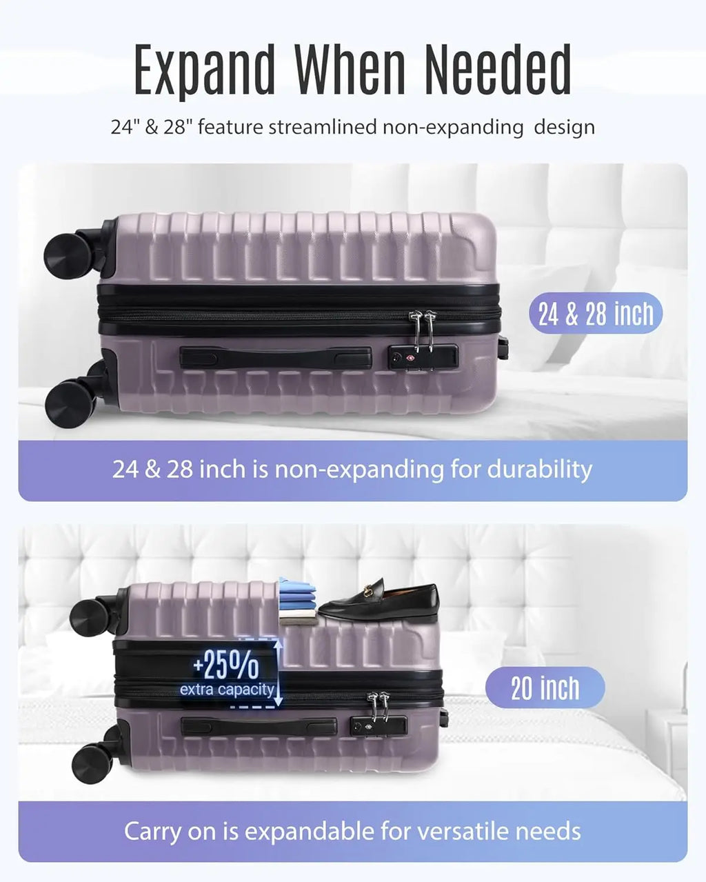 3-Piece Hard Shell Luggage Set with Spinner Wheels & TSA Lock, Lightweight Durable Suitcases 20/24/28 Inch in Rose Purple
