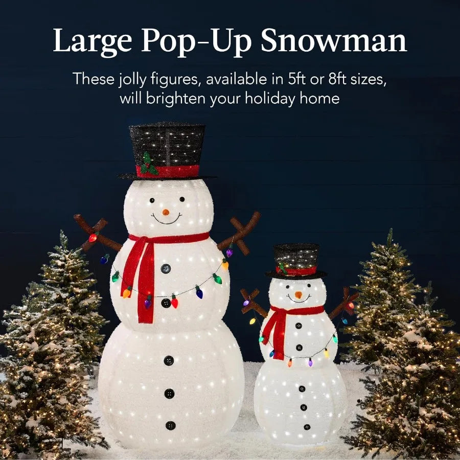 8ft Lighted Pop-Up Snowman Large White Outdoor Christmas Holiday Decoration w/ 350 LED Lights Hat Scarf Multicolored Lights