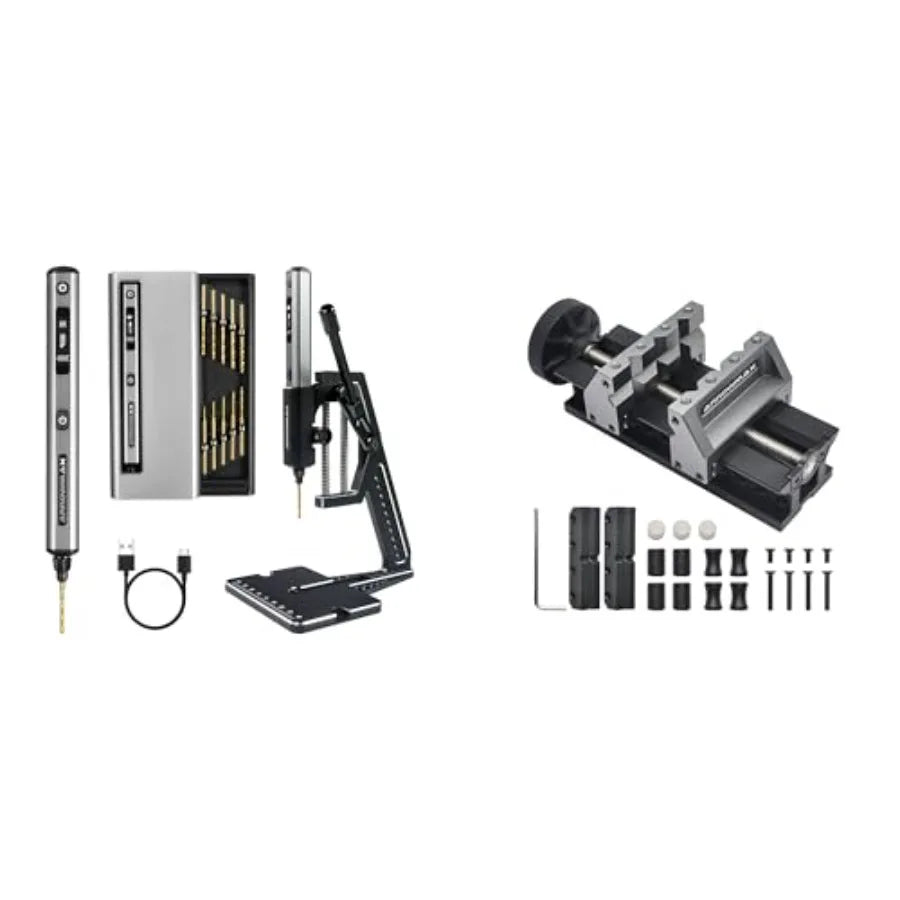 5-Speed Mini Electric Drill Pen with Benchtop Drill Press and AM ARROWMAX Precision Double-Ended Mini Bench Vise