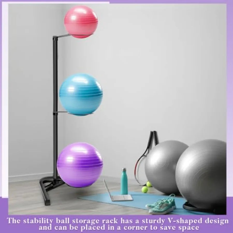 Vertical Yoga Ball Holder with Tubular Steel Frame for Home or Commercial Gym Studios - Holds 3 Stability Balls in Black Durabl