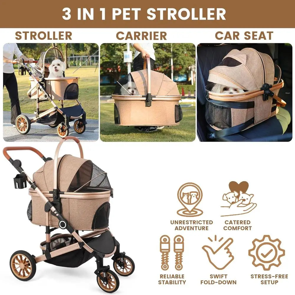 Pet Stroller or Medium Dogs, Smooth-Ride Dog Stroller with Detachable Carrier, Rubber Wheels, Car Seat Combo 3-in-1, Up to 50 lb