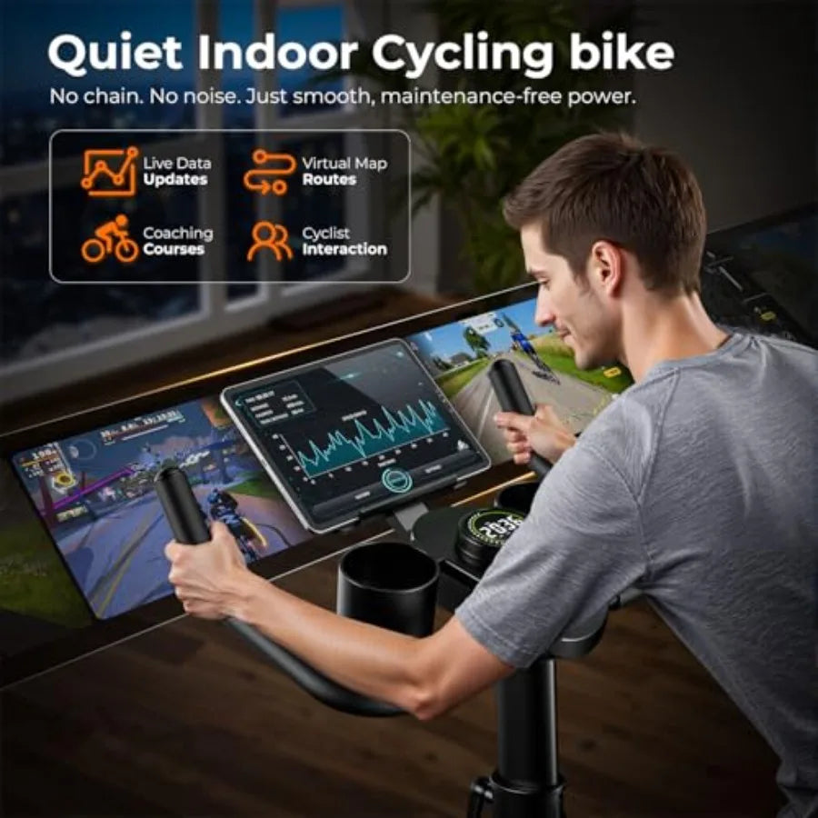 Indoor Exercise Bike with APP Connectivity for Home Gym Cardio 300 lbs Ccity Quiet Stationary Bike with Adjustable Seat and Tab