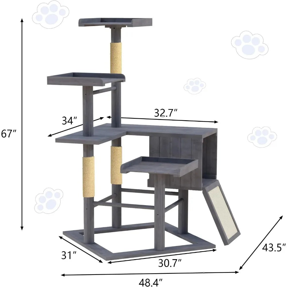 Durable Outdoor Cat Tree for Large Cats with Weather-Resistant Wood, Condo, and Scratching Posts