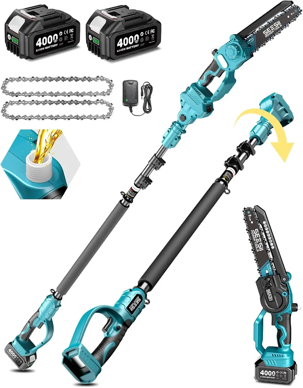 8-Inch 2-in-1 Cordless Pole Saw & Mini Chainsaw, 21V Brushless Electric Tree Trimmer with Extension Pole, 2×4000mAh Batteries