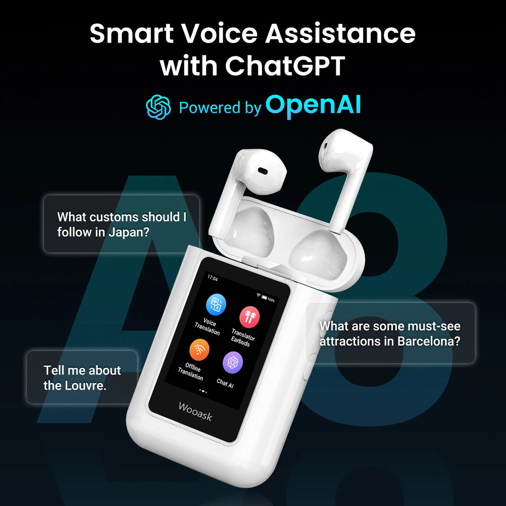 Wooask [A8] Translator Earbuds,Chatgpt Empowered 144 Languages Translator Device,Independent Use with Touch Screen NO Need APP