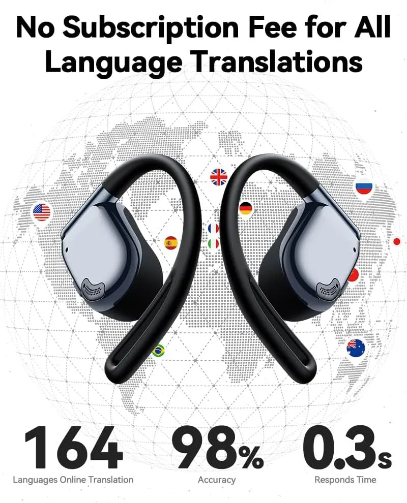 AI Translation Earbuds Real Time 164 Languages Translator 90H Playtime Bluetooth LED Display for Travel Business Learning Black