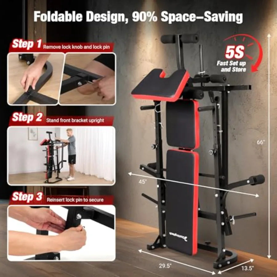 6-in-1 Foldable Weight Bench Set 1695LBS Adjustable Workout Bench with Barbell Rack Curl Pad Bench Press Leg Extension Curl Mac
