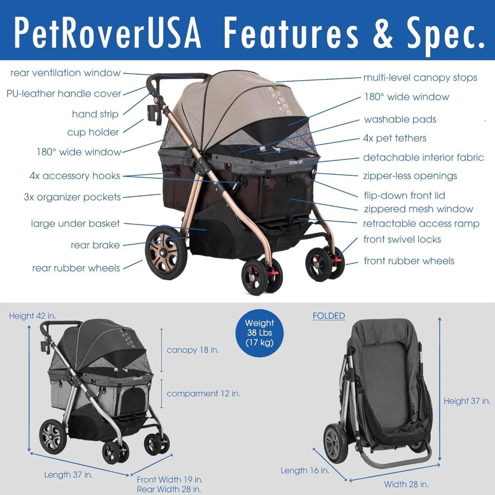 Pet Rover Titan-HD Premium Super-Sized Dog/Cat/Pet Stroller SUV Travel Carriage with Access Ramp/100Lbs Capacity/Pumpless Rubber