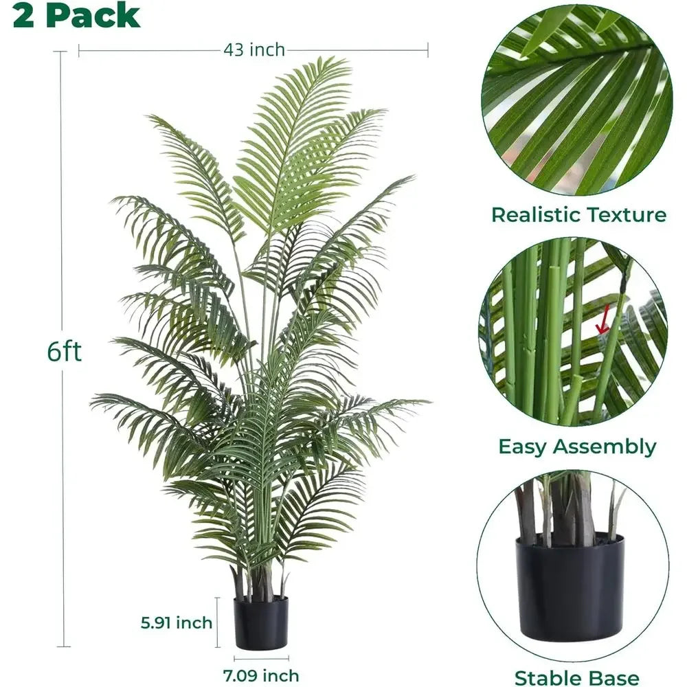 6-Foot Tall Artificial Areca Palm Trees, Potted Plants (2-Pack), UV-Resistant for Indoor/Outdoor Use, Realistic Decor for Patio,