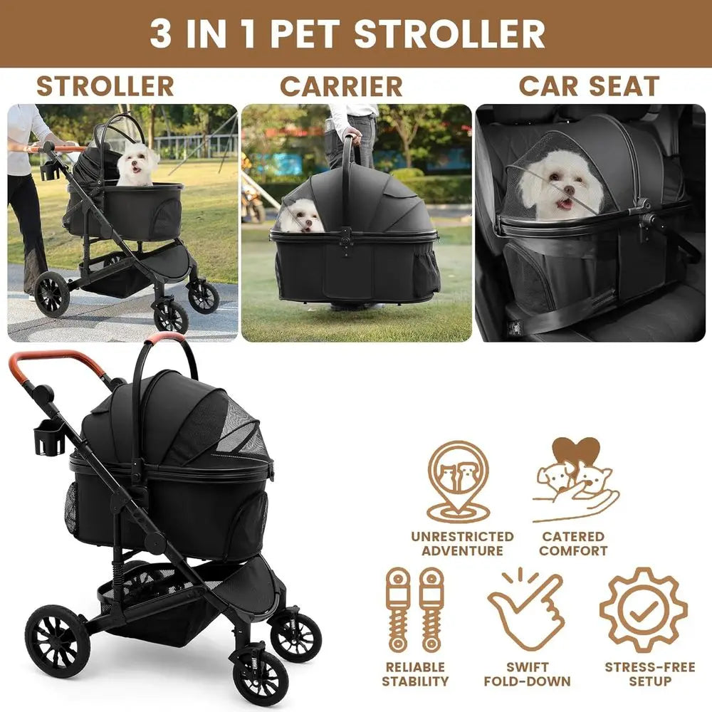 Pet Stroller or Medium Dogs, Smooth-Ride Dog Stroller with Detachable Carrier, Rubber Wheels, Car Seat Combo 3-in-1, Up to 50 lb