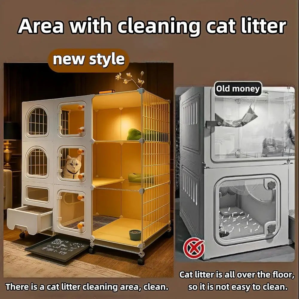 cat cage Indoor with Litter Box, Complimentary Bed, Bowl,Cleaning Three Piece Set,Large cat Enclosure, Cat House with Wheels Out