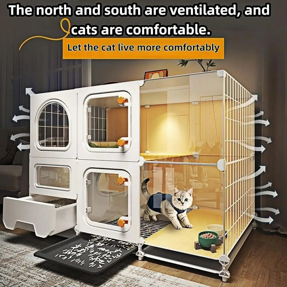 cat cage Indoor with Litter Box, Complimentary Bed, Bowl,Cleaning Three Piece Set,Large cat Enclosure, Cat House with Wheels Out