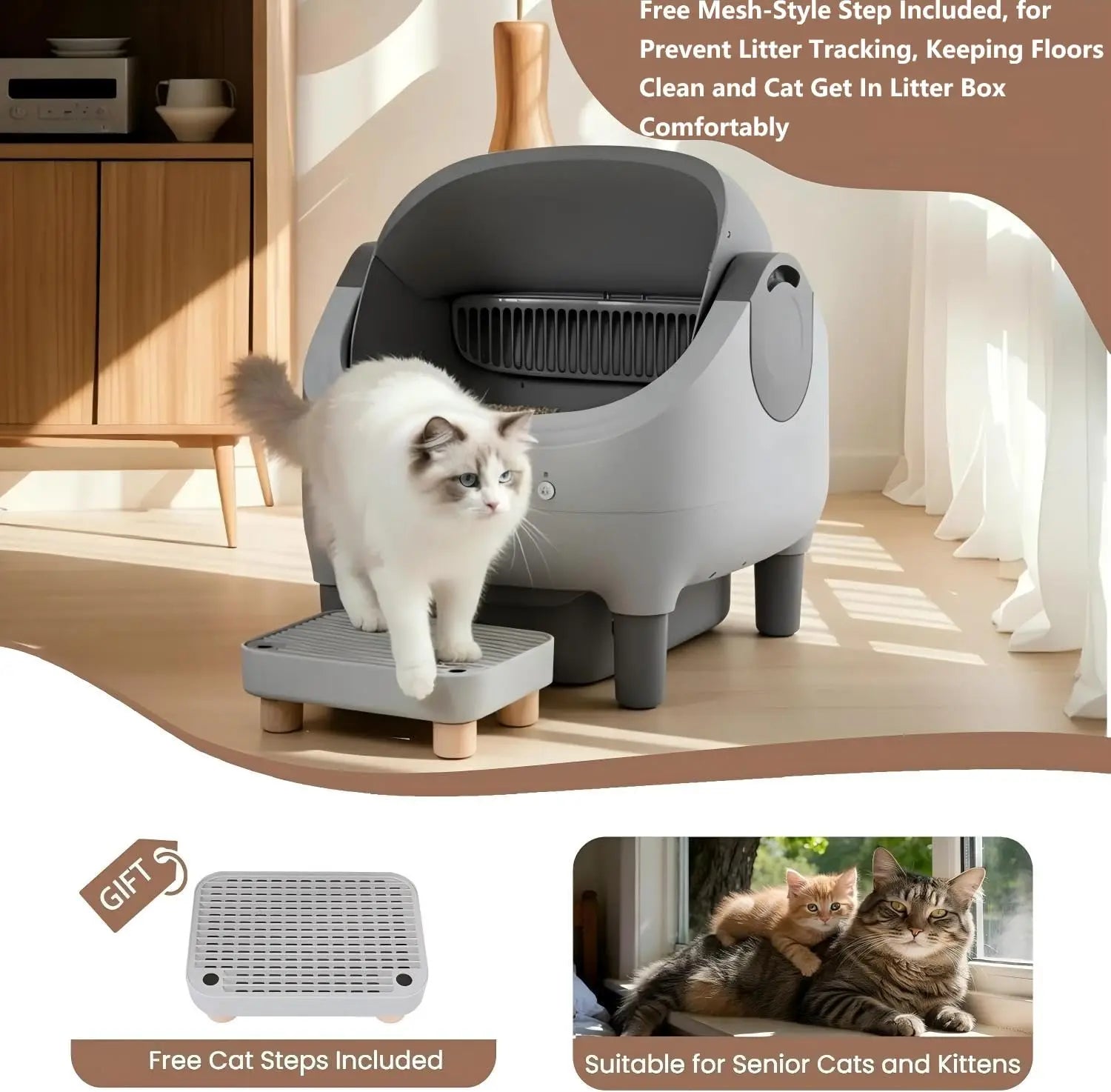 Automatic Litter Box with Raised Step, for Multiple Cats, Open Top Large Capacity Self Cleaning Litter Box, Safety, Customized