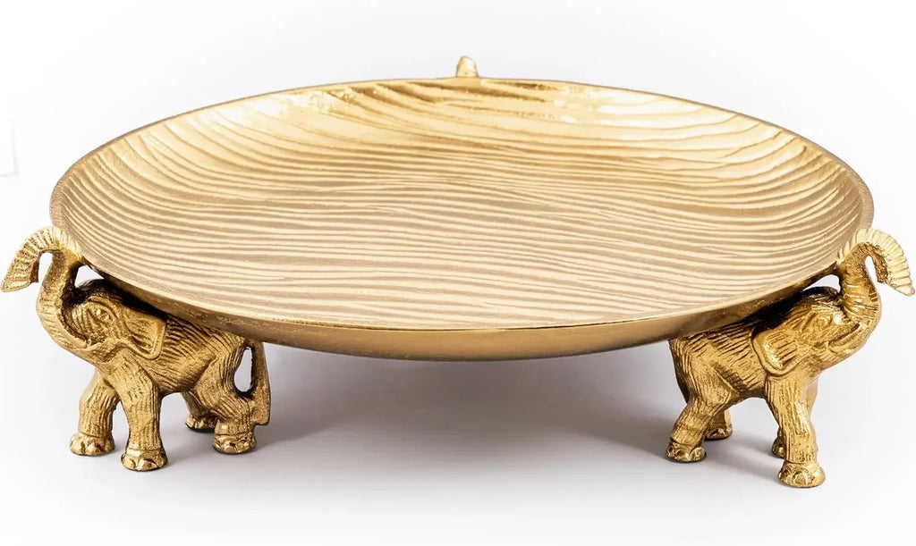 Round Decorative Tray with Elephant Stands, Golden – Tray for Coffee Table, Home Decor, Centerpiece, Serving Platter & More – Ci