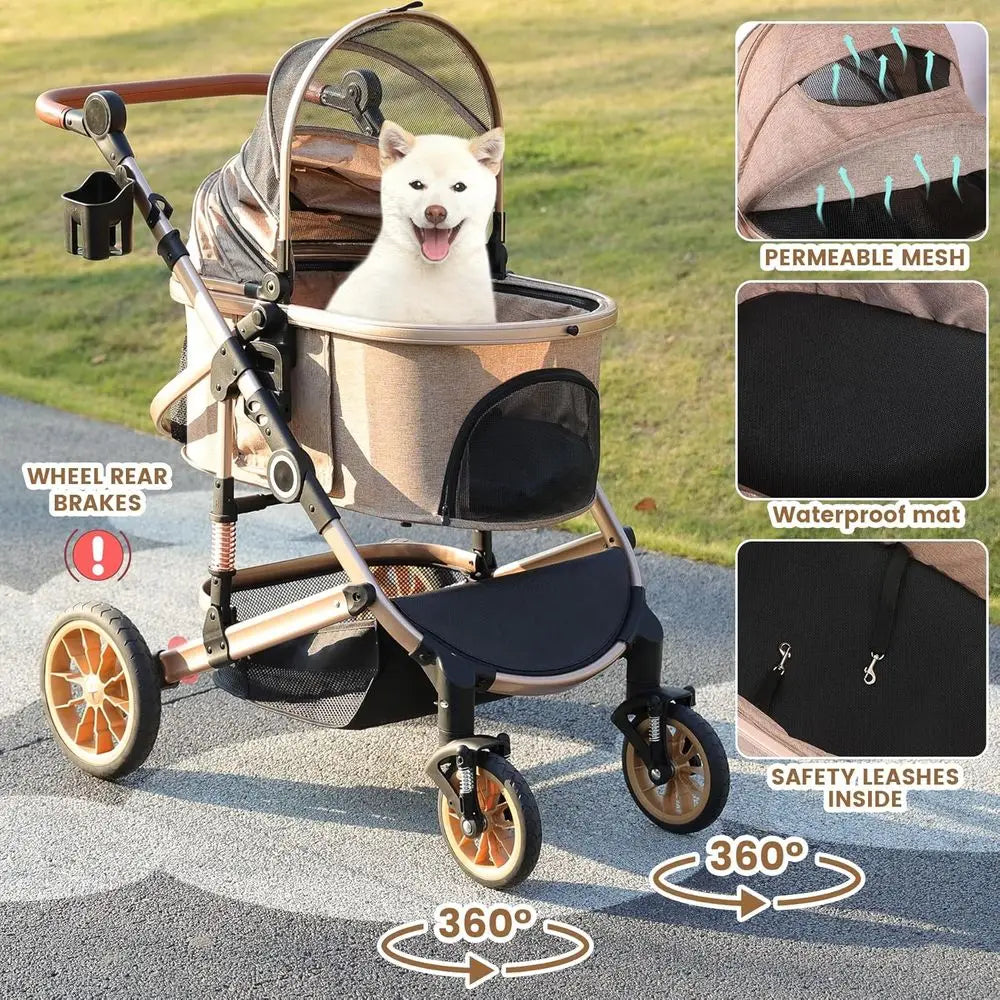 Pet Stroller or Medium Dogs, Smooth-Ride Dog Stroller with Detachable Carrier, Rubber Wheels, Car Seat Combo 3-in-1, Up to 50 lb
